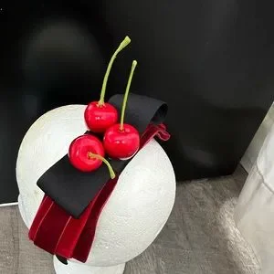 Handmade Designer Fascinator Headband Cherries Red Black Velvet Bow Accessories | Handmade Designer Fascinator Headband Cherries  main image 2
